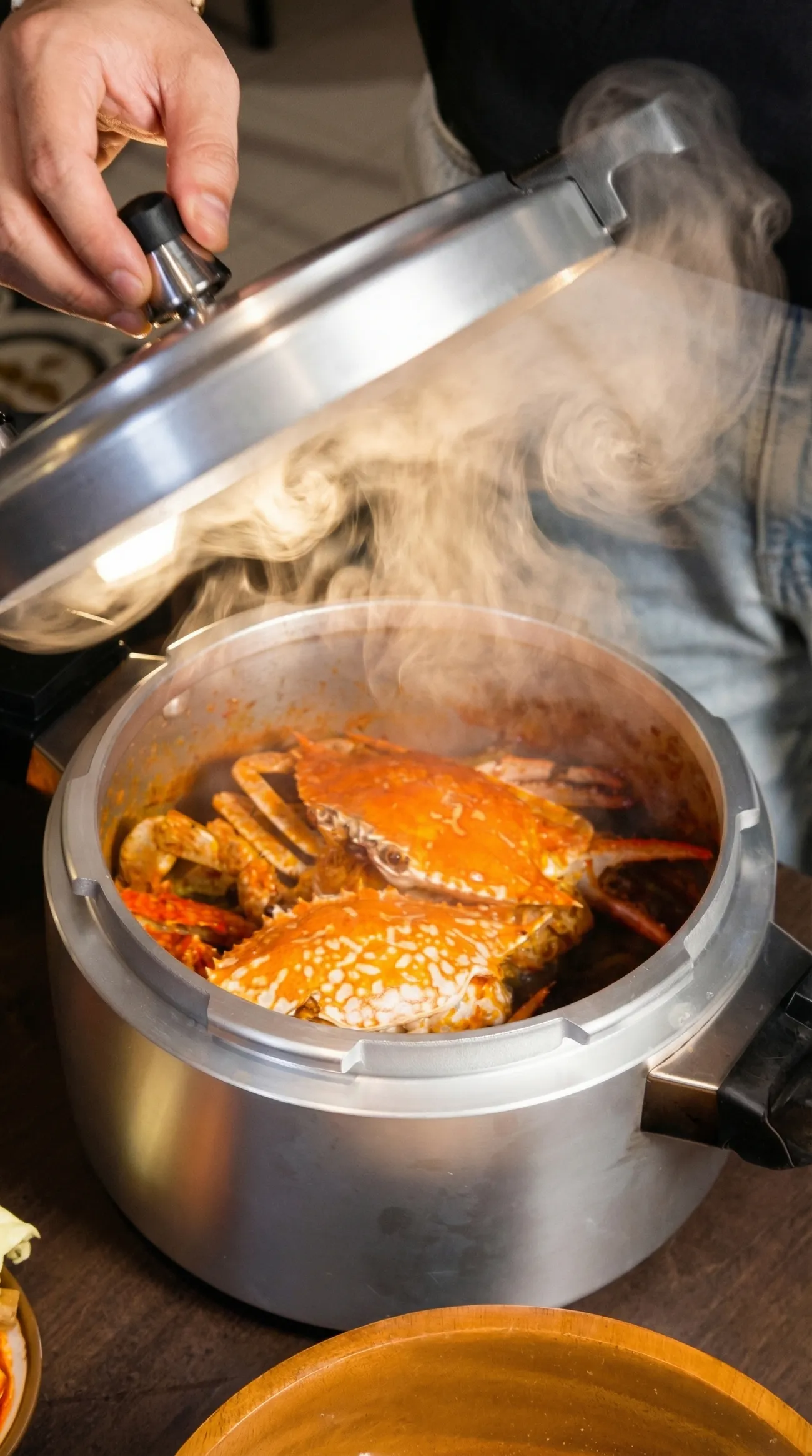 A pressure cooker opened tableside, steam rising off the dish